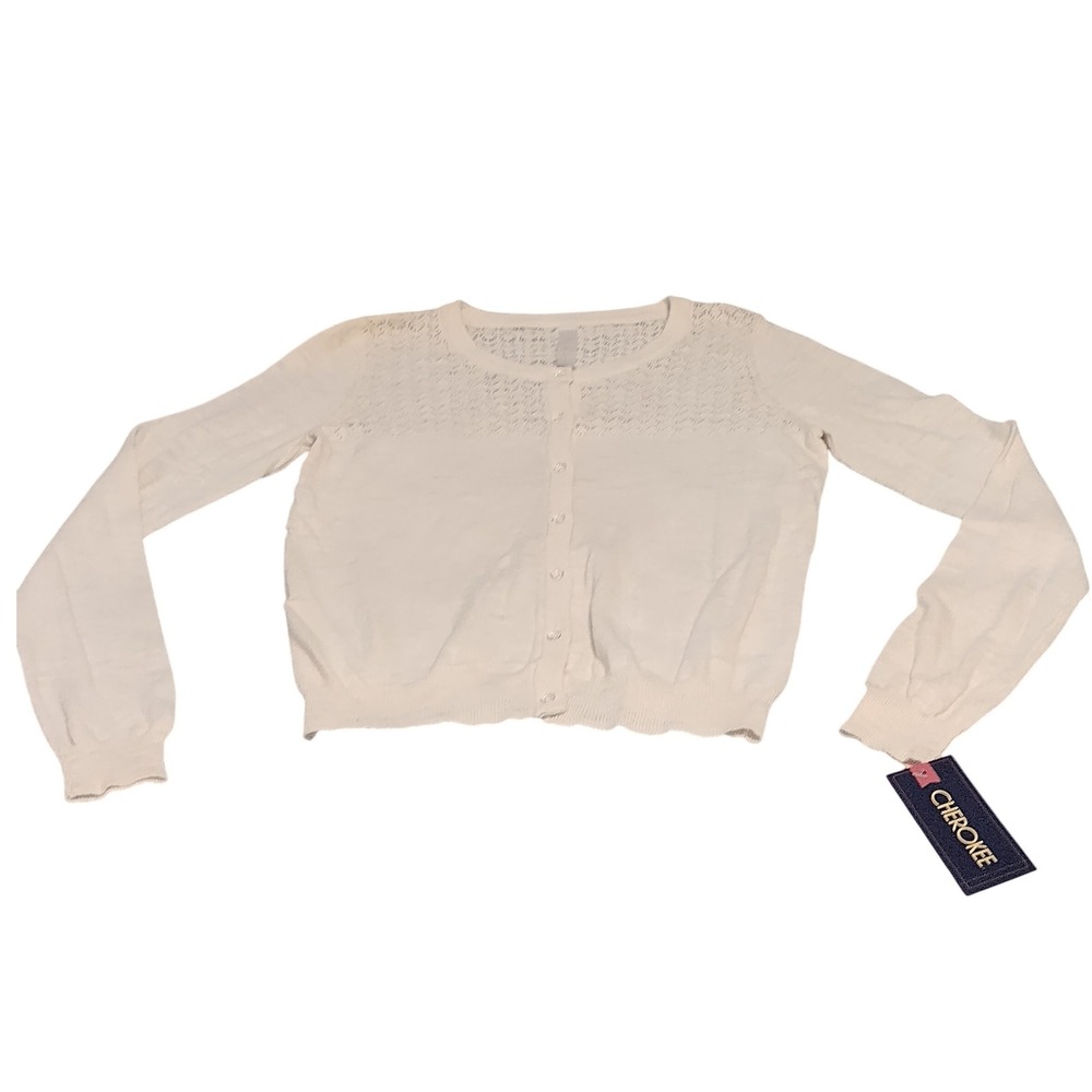 NWT Cherokee Girls XL 14/16 Cardigan Sweater Almond Cream Off White Knit Yoke